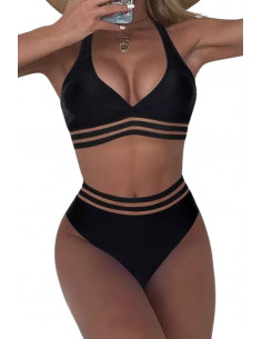 Costum de baie doua piese, cu talie inalta, bustiera si benzi late