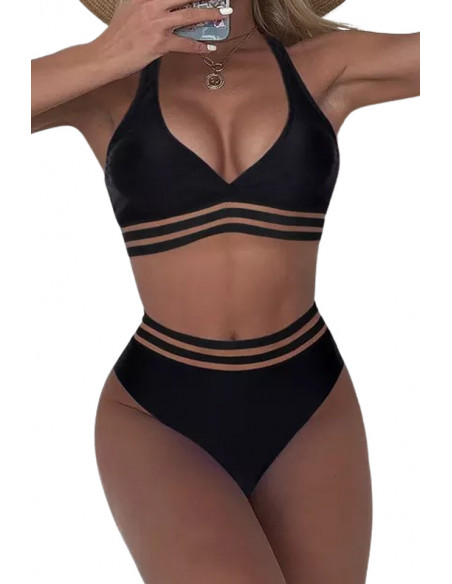 Costum de baie doua piese, cu talie inalta, bustiera si benzi late