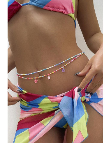 Set de doua lanturi de talie, cu margelute colorate si 3 floricele metalice, pictate