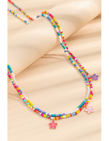 Set de doua lanturi de talie, cu margelute colorate si 3 floricele metalice, pictate
