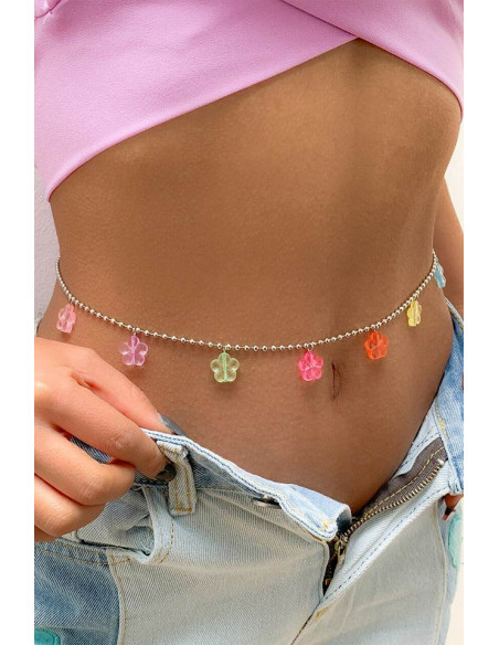 Lant de corp pentru talie, din bilute mici metalice si 8 floricele colorate