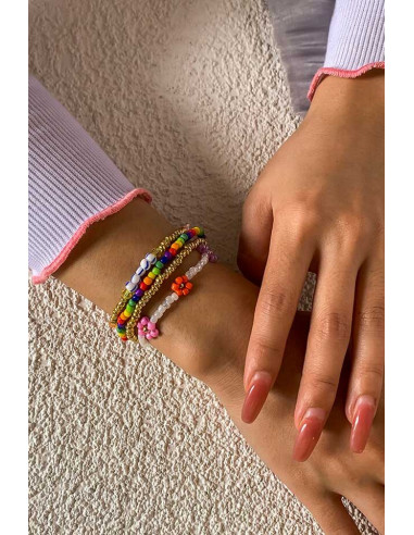 Set 4 bratari colorate, din margelute mici, cu 3 floricele