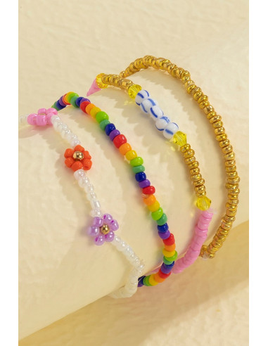 Set 4 bratari colorate, din margelute mici, cu 3 floricele