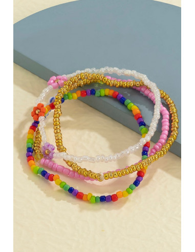 Set 4 bratari colorate, din margelute mici, cu 3 floricele