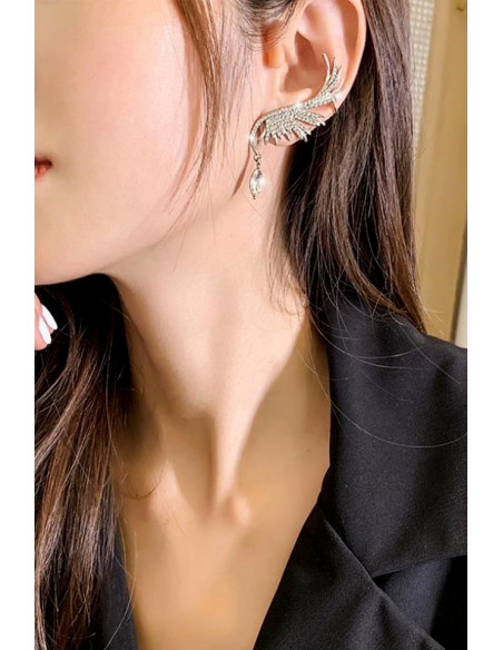 Set cercei ear cuff pentru mireasa, aripi stilizate cu cristal alungit la baza, prindere cu ac si pe ureche