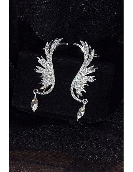 Set cercei ear cuff pentru mireasa, aripi stilizate cu cristal alungit la baza, prindere cu ac si pe ureche
