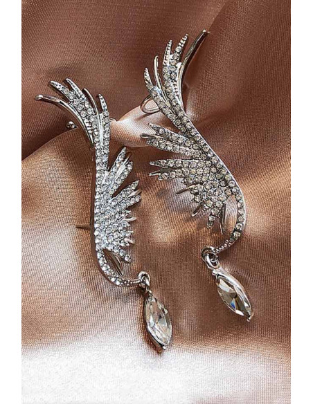 Set cercei ear cuff pentru mireasa, aripi stilizate cu cristal alungit la baza, prindere cu ac si pe ureche