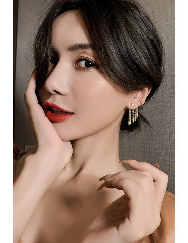 Set cercei ear cuff cu lantisoare care atarna si cristal in lobul urechii