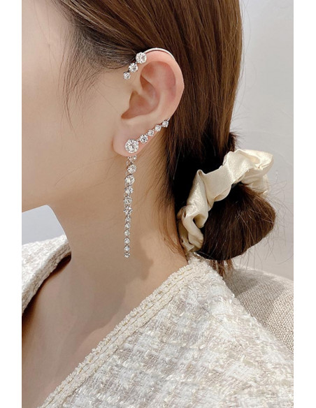 Cercel ear cuff pentru mireasa, model lung si elegant cu cristale in sir lung