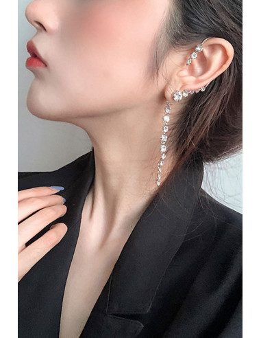 Cercel ear cuff pentru mireasa, model lung si elegant cu cristale in sir lung
