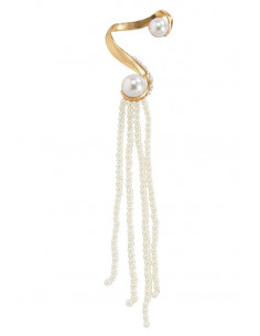 Cercel ear cuff statement cu sir lung de perle prinse de suport masiv