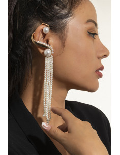 Cercel ear cuff statement cu sir lung de perle prinse de suport masiv 2