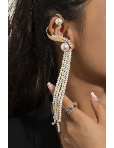 Cercel ear cuff statement cu sir lung de perle prinse de suport masiv