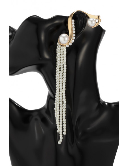 Cercel ear cuff statement cu sir lung de perle prinse de suport masiv