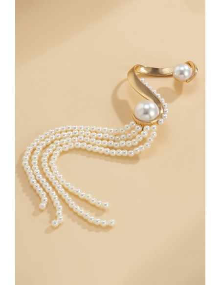 Cercel ear cuff statement cu sir lung de perle prinse de suport masiv