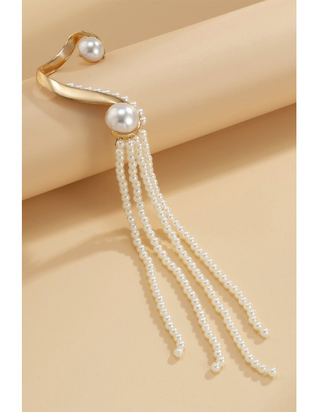 Cercel ear cuff statement cu sir lung de perle prinse de suport masiv