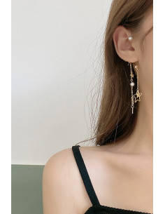 Set cercei ear cuff asimetrici cu lantisoare de care atarna stelute si perle 2