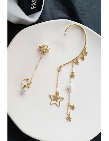 Set cercei ear cuff asimetrici cu lantisoare de care atarna stelute si perle