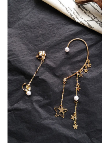 Set cercei ear cuff asimetrici cu lantisoare de care atarna stelute si perle