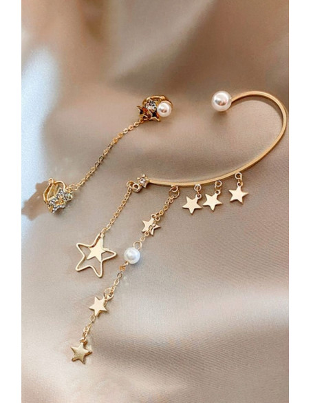 Set cercei ear cuff asimetrici cu lantisoare de care atarna stelute si perle