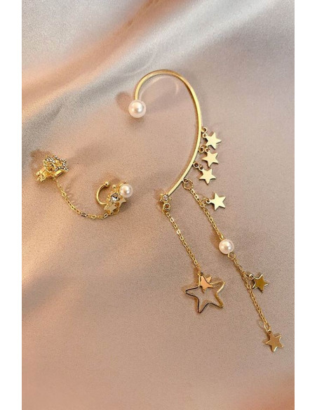 Set cercei ear cuff asimetrici cu lantisoare de care atarna stelute si perle