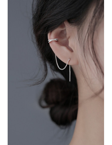 Cercel ear cuff luxury, lantisor simplu cu ac lung si cuff in X cu cristale