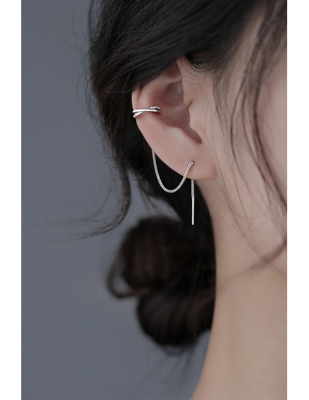 Cercel ear cuff luxury, lantisor simplu cu ac lung si cuff in X cu cristale
