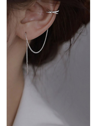 Cercel ear cuff luxury, lantisor simplu cu ac lung si cuff in X cu cristale
