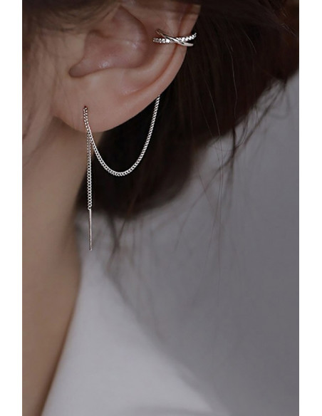 Cercel ear cuff luxury, lantisor simplu cu ac lung si cuff in X cu cristale