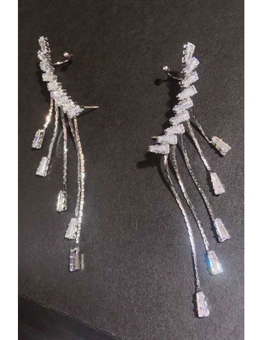 Set cercei ear cuff eleganti pentru mirese, cristale dreptunghiulare cu lantisoare