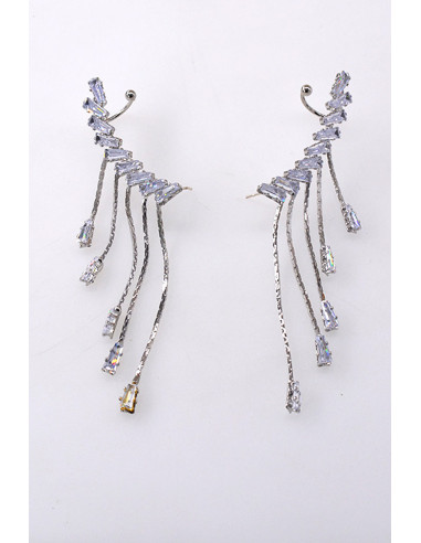 Set cercei ear cuff eleganti pentru mirese, cristale dreptunghiulare cu lantisoare