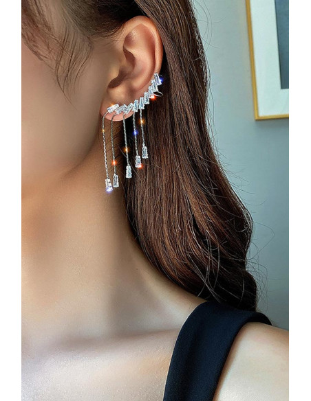 Set cercei ear cuff eleganti pentru mirese, cristale dreptunghiulare cu lantisoare