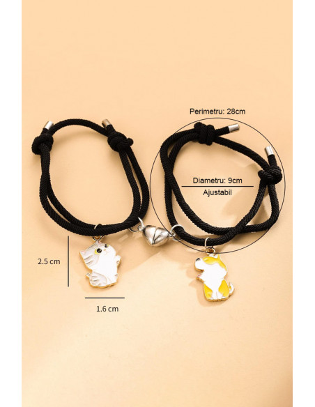 Set bratari pentru cupluri, pisicuta si corgi, prindere cu inima magnetica