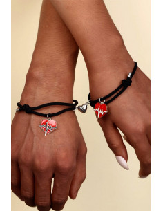 Set bratari pentru cupluri, love pulse alb/negru, prindere cu inima magnetica