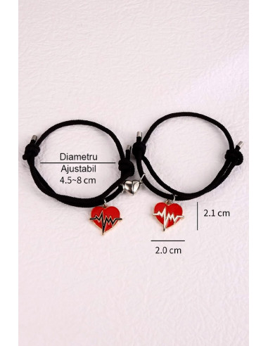 Set bratari pentru cupluri, love pulse alb/negru, prindere cu inima magnetica