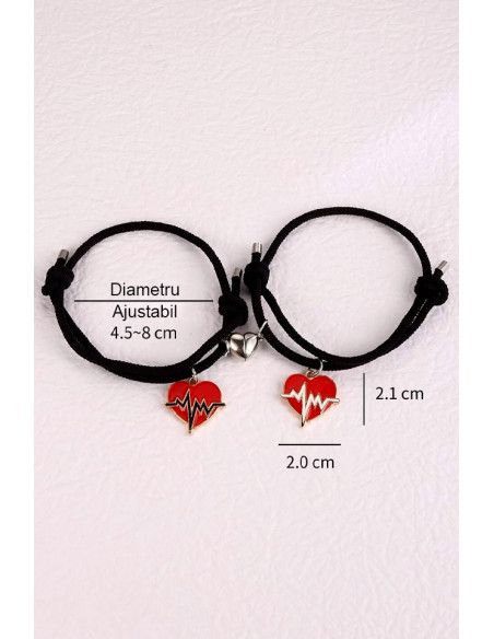 Set bratari pentru cupluri, love pulse alb/negru, prindere cu inima magnetica