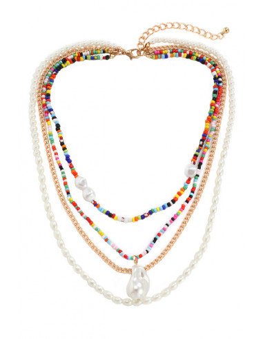 Colier multilayer cu 4 siraguri, perle, margelute colorate si lantisor