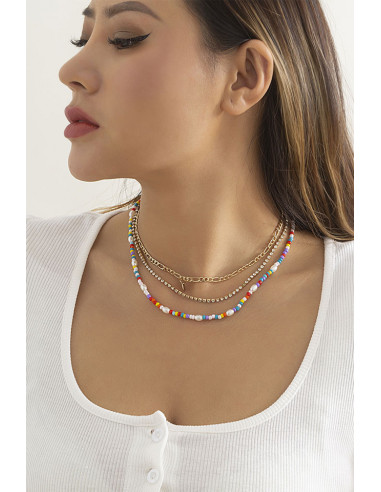 Set trei coliere elegante, margelute colorate, sirag de cristale si lantisor plat