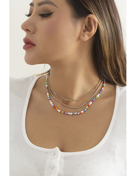 Set trei coliere elegante, margelute colorate, sirag de cristale si lantisor plat