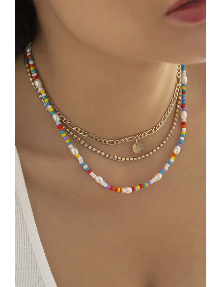 Set trei coliere elegante, margelute colorate, sirag de cristale si lantisor plat