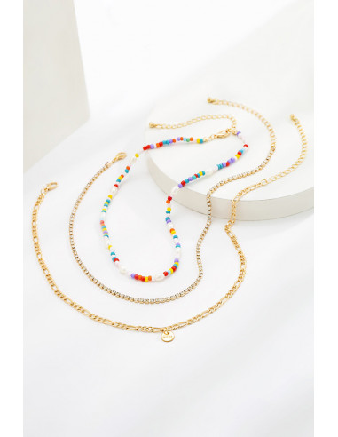 Set trei coliere elegante, margelute colorate, sirag de cristale si lantisor plat