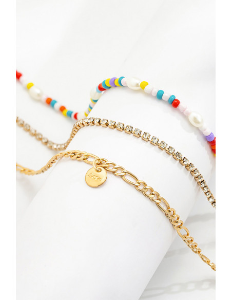 Set trei coliere elegante, margelute colorate, sirag de cristale si lantisor plat