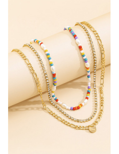Set trei coliere elegante, margelute colorate, sirag de cristale si lantisor plat