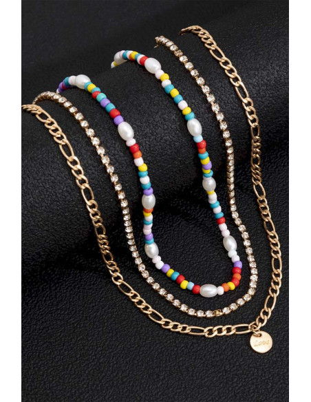 Set trei coliere elegante, margelute colorate, sirag de cristale si lantisor plat