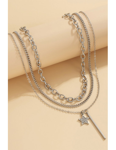 Set 3 coliere multilayer cu lanturi, steluta cu cristale si tija metalica
