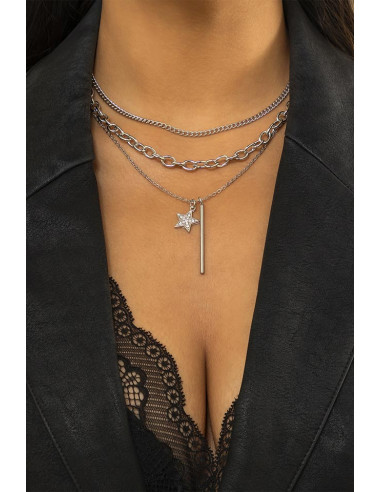 Set 3 coliere multilayer cu lanturi, steluta cu cristale si tija metalica