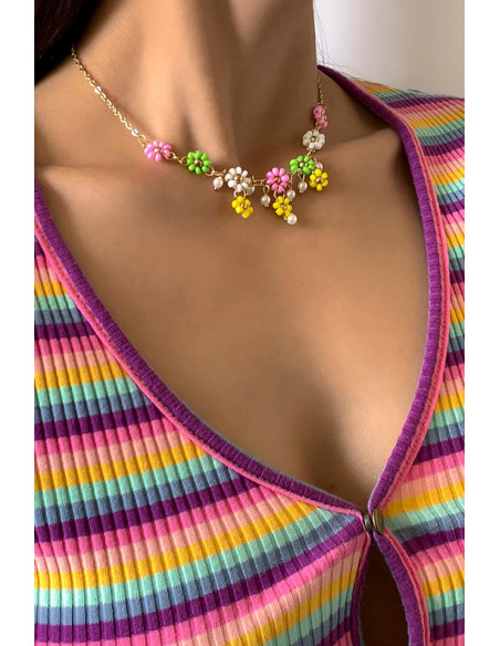 Colier la baza gatului, crenguta cu flori colorate din margelute si perlute