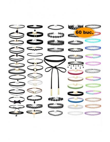 Set 60 coliere choker, catifea, dantela si tattoo choker colorate