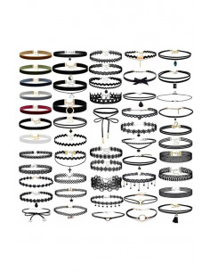 Set 52 coliere choker, catifea colorata, dantela, cu medalioane