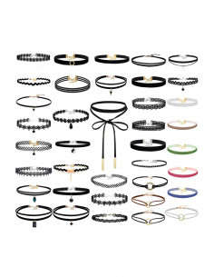 Set 38 coliere choker, catifea colorata, dantela, cu medalioane